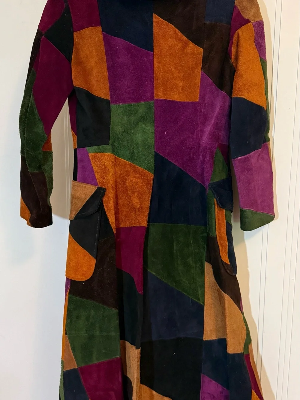 70s Vintage Multicolor Patchwork Suede Trench Coat, Great Condition, Sz Small - Picture 4 of 6